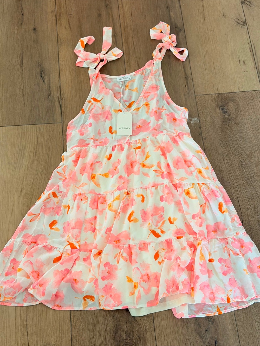 Tiered Tie-Shoulder Floral Sundress in Pink & Orange